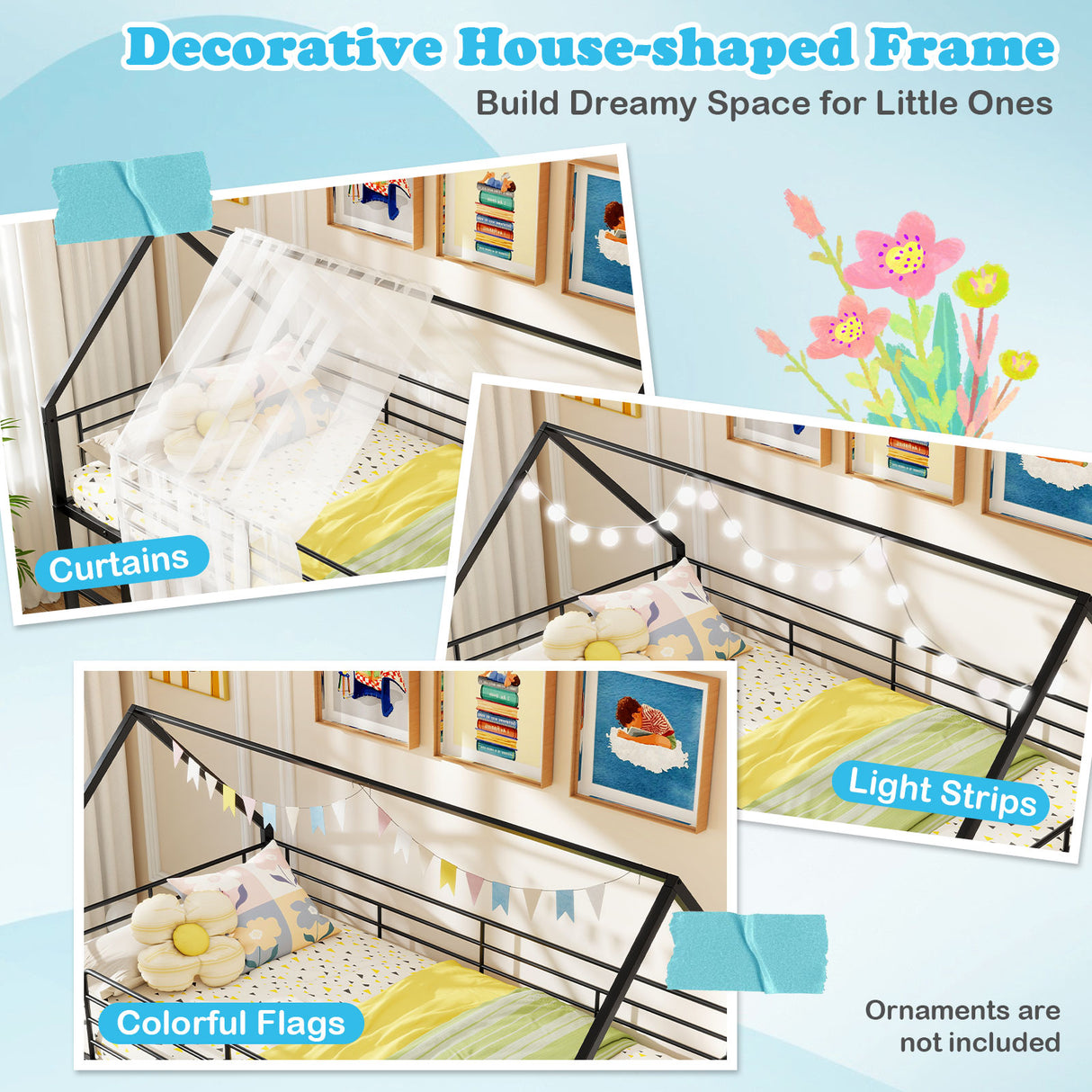 House-shaped Metal Twin Over Twin Low Bunk Bed-Black