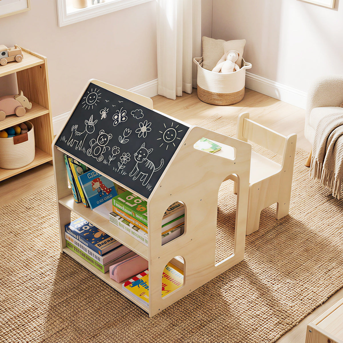 House-shaped Wooden Activity Kids Table Chair Set-Natural