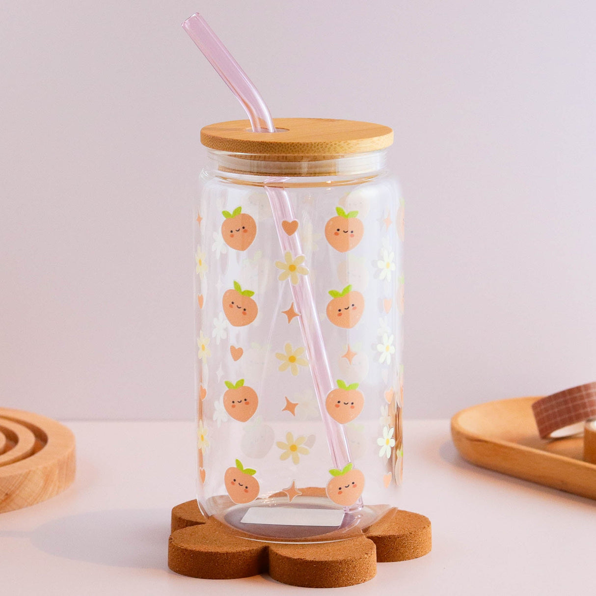 Peaches and Daisies 16 oz Glass Cup Set