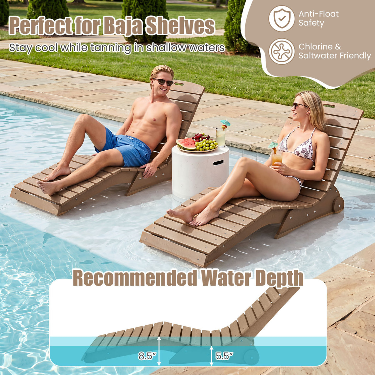 In-Pool Lounge Chair with Weighted Anti-Floating Design 450 LBS for Baja Shelf