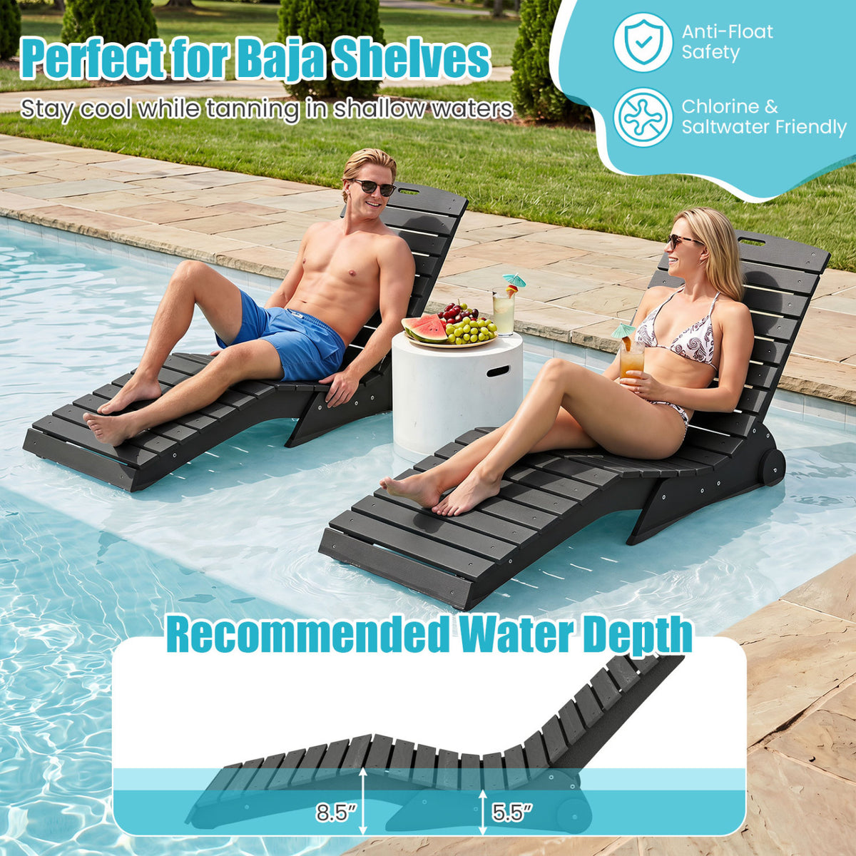 In-Pool Lounge Chair with Weighted Anti-Floating Design 450 LBS for Baja Shelf