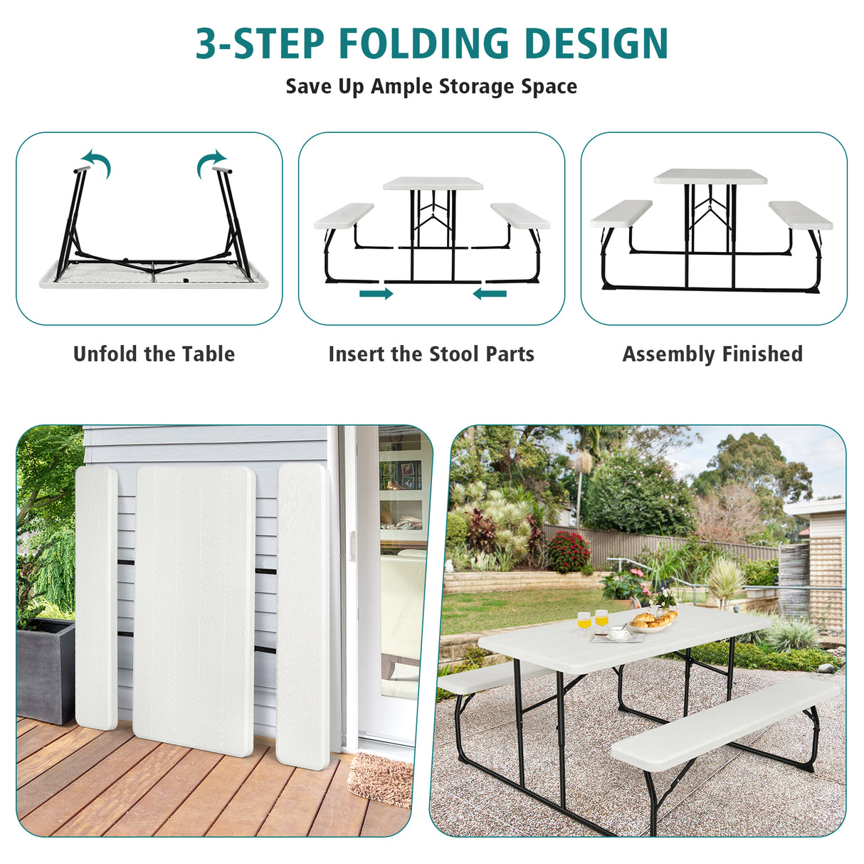 Indoor and Outdoor Folding Picnic Table Bench Set with Wood-like Texture