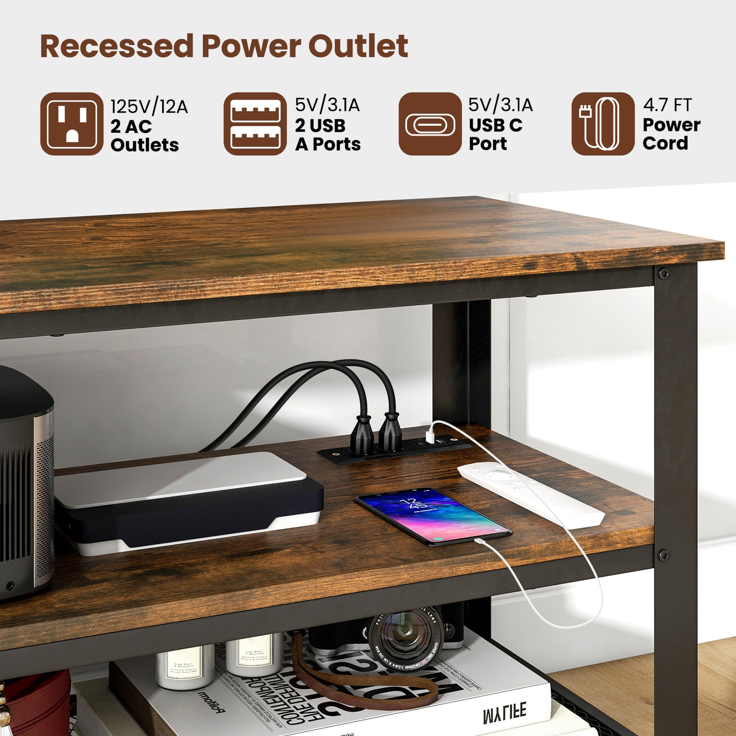 3-Tier Industrial Entertainment TV Stand with Metal Mesh Shelf