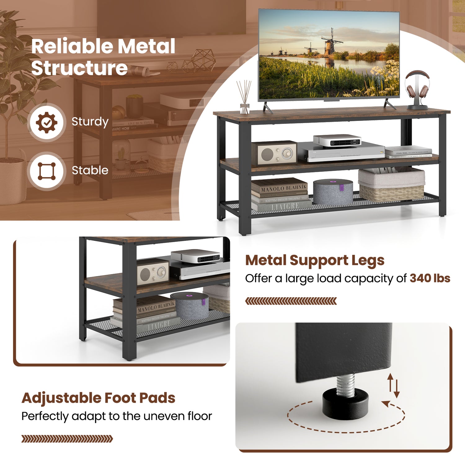3-Tier Industrial Entertainment TV Stand with Metal Mesh Shelf