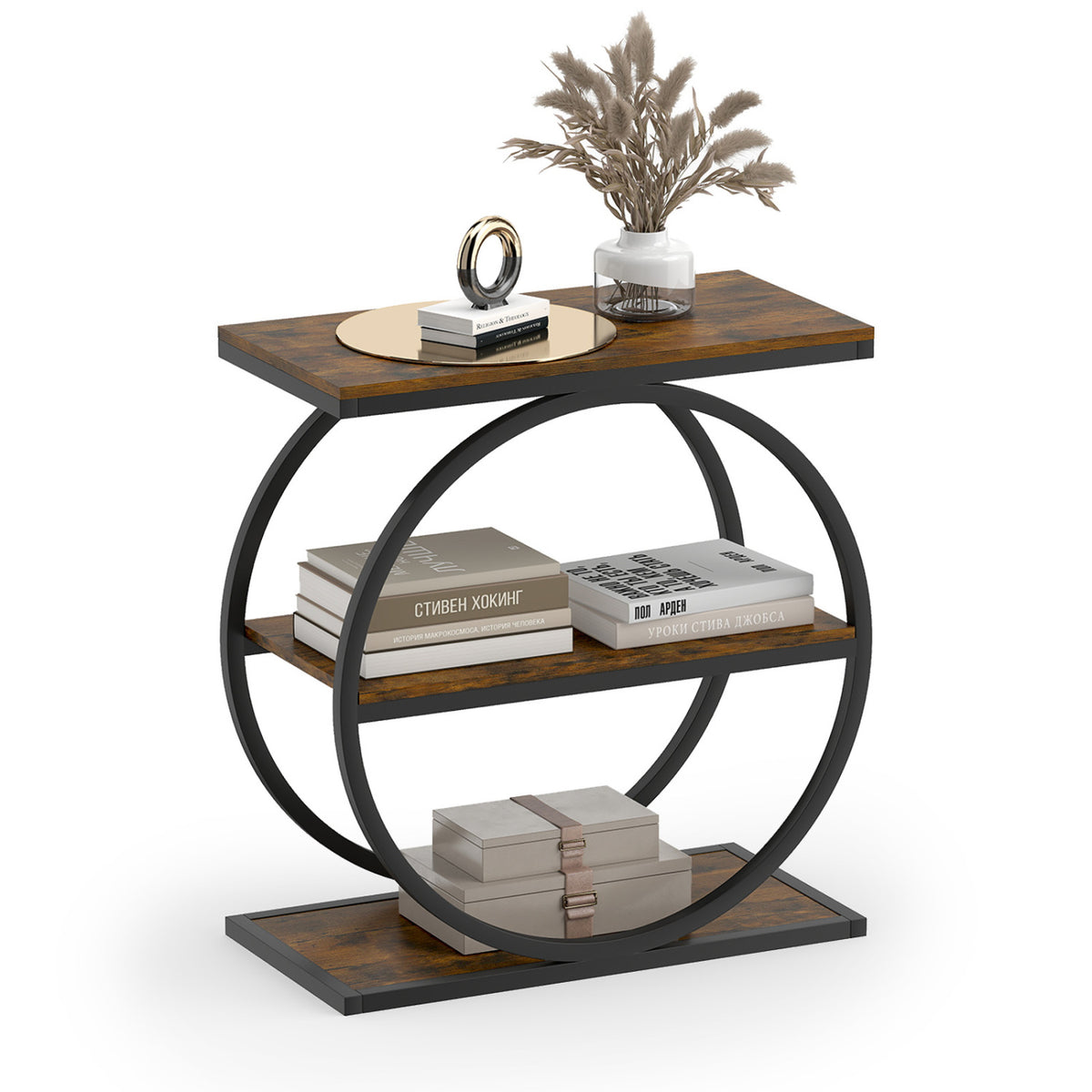 Industrial Faux Marble Side Table with Metal Frame for Living Room Bedroom