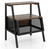 Industrial Nightstand 3-Tier End Table with 2 Open Shelves and Metal Mesh Compartment-Rustic Brown