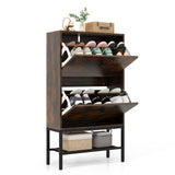 Industrial Shoe Storage Cabinet with 2 Flip Drawers and 1 Bottom Metal Shelf-Brown