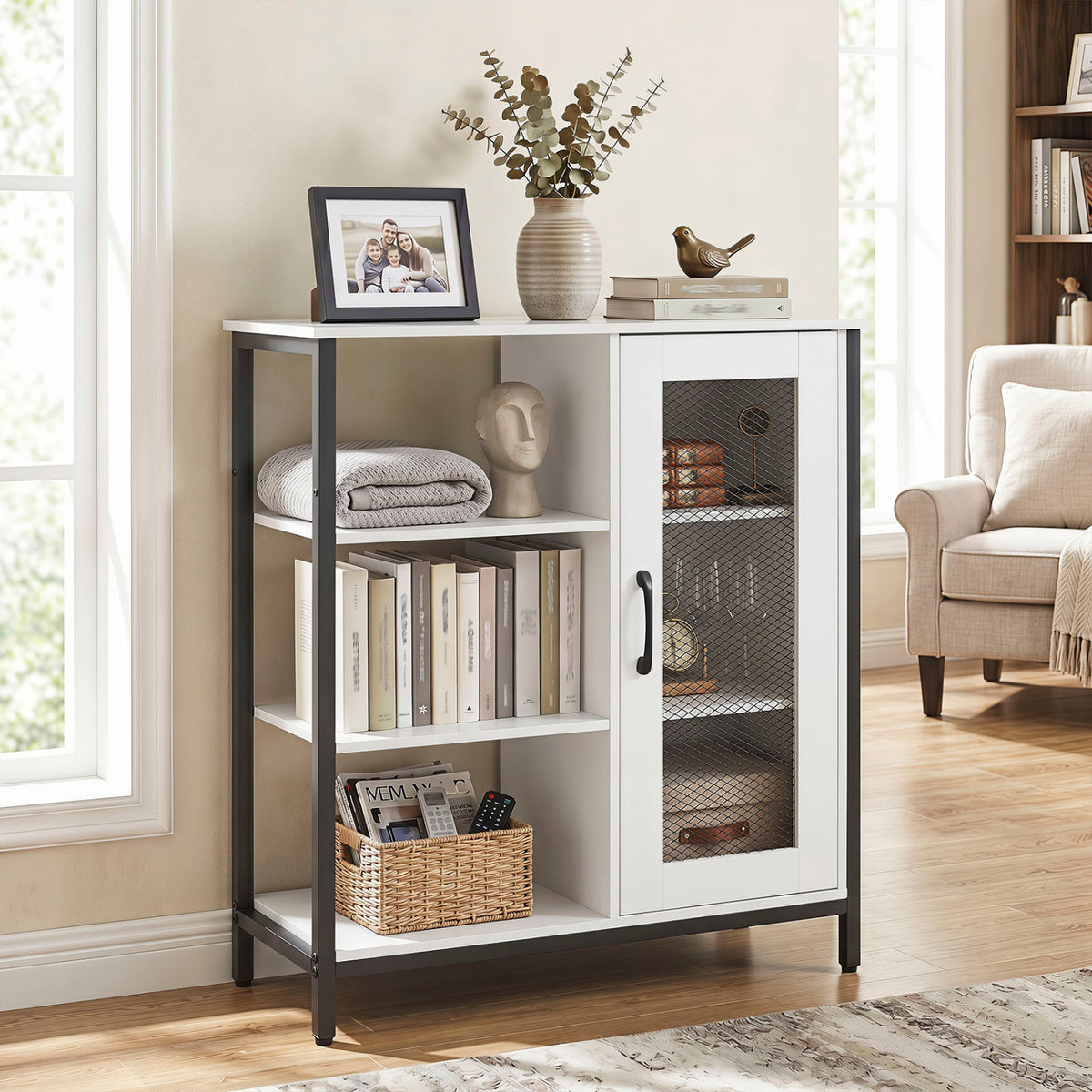 Industrial Side Cabinet with Metal Mesh Door and 3 Open Shelves