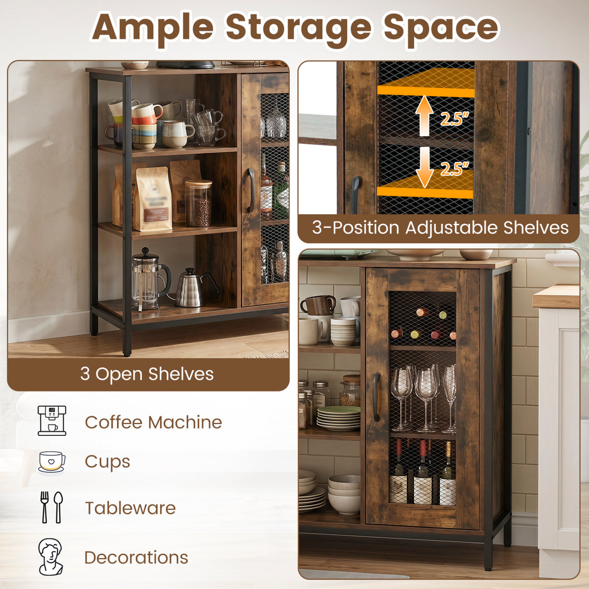 Industrial Side Cabinet with Metal Mesh Door and 3 Open Shelves