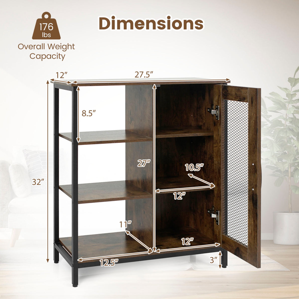 Industrial Side Cabinet with Metal Mesh Door and 3 Open Shelves