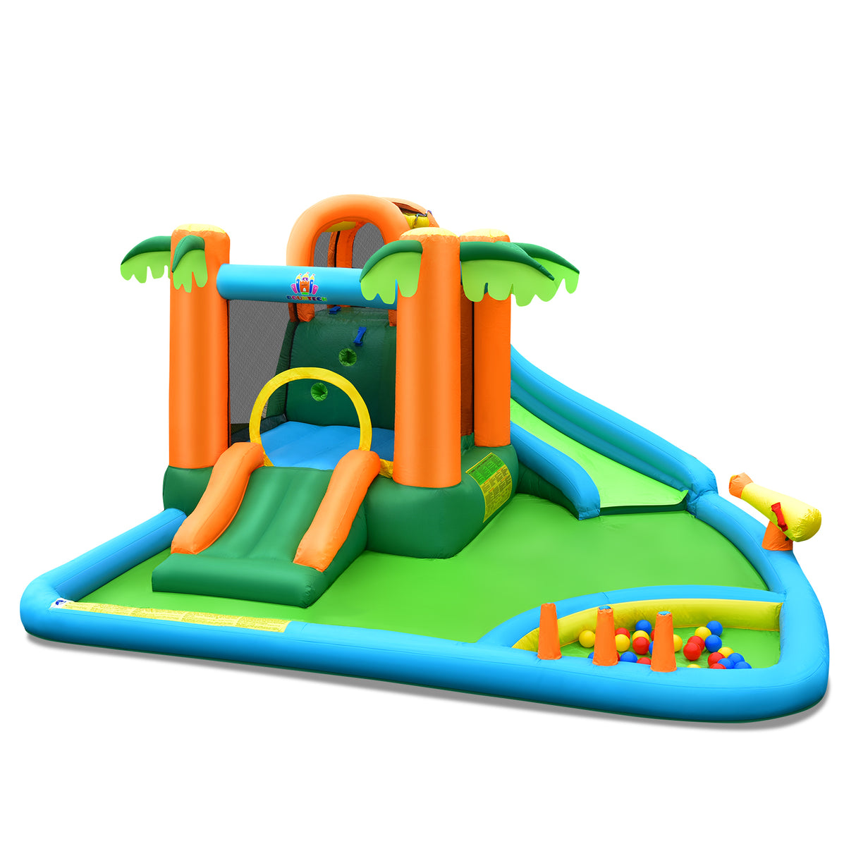 7-in-1 Inflatable Water Slide Park with Trampoline Climbing and 680W Blower