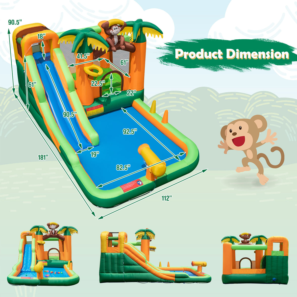 Monkey-Themed Inflatable Bounce House with Slide without Blower