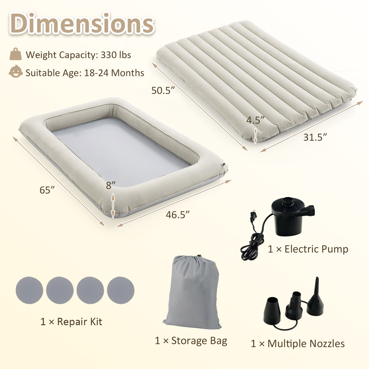 Inflatable Toddler Travel Bed with Electric Pump and Raised Bed Rails
