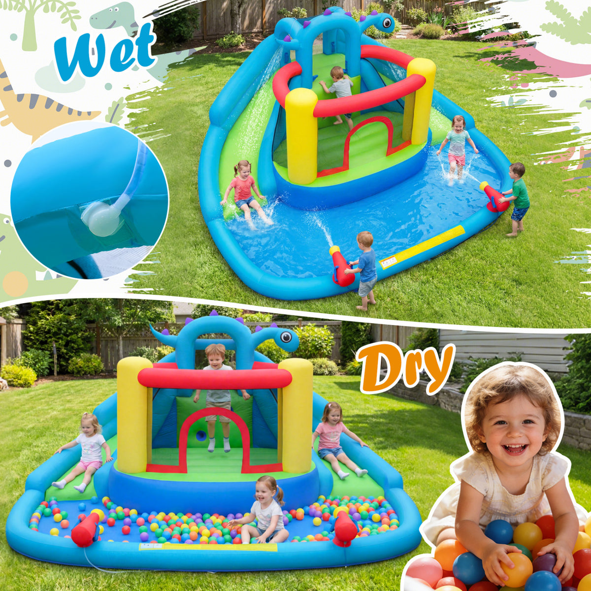 Dinosaur-themed Kids Inflatable Bounce House with Double Slides and 750W Blower