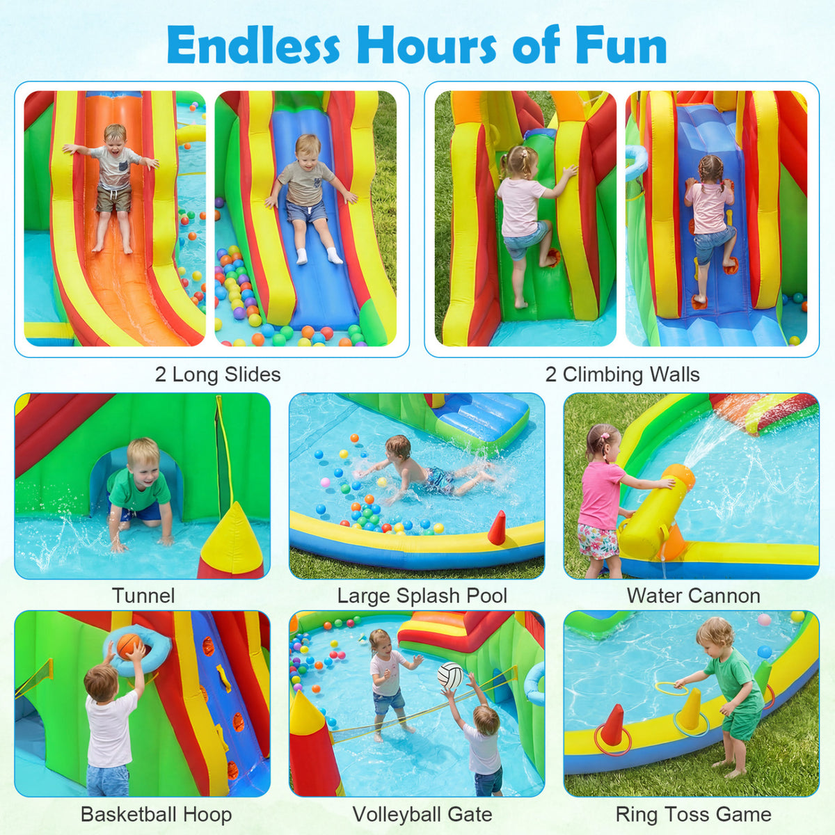Inflatable Water Slide Park with 2 Long Slides and 750W Air Blower