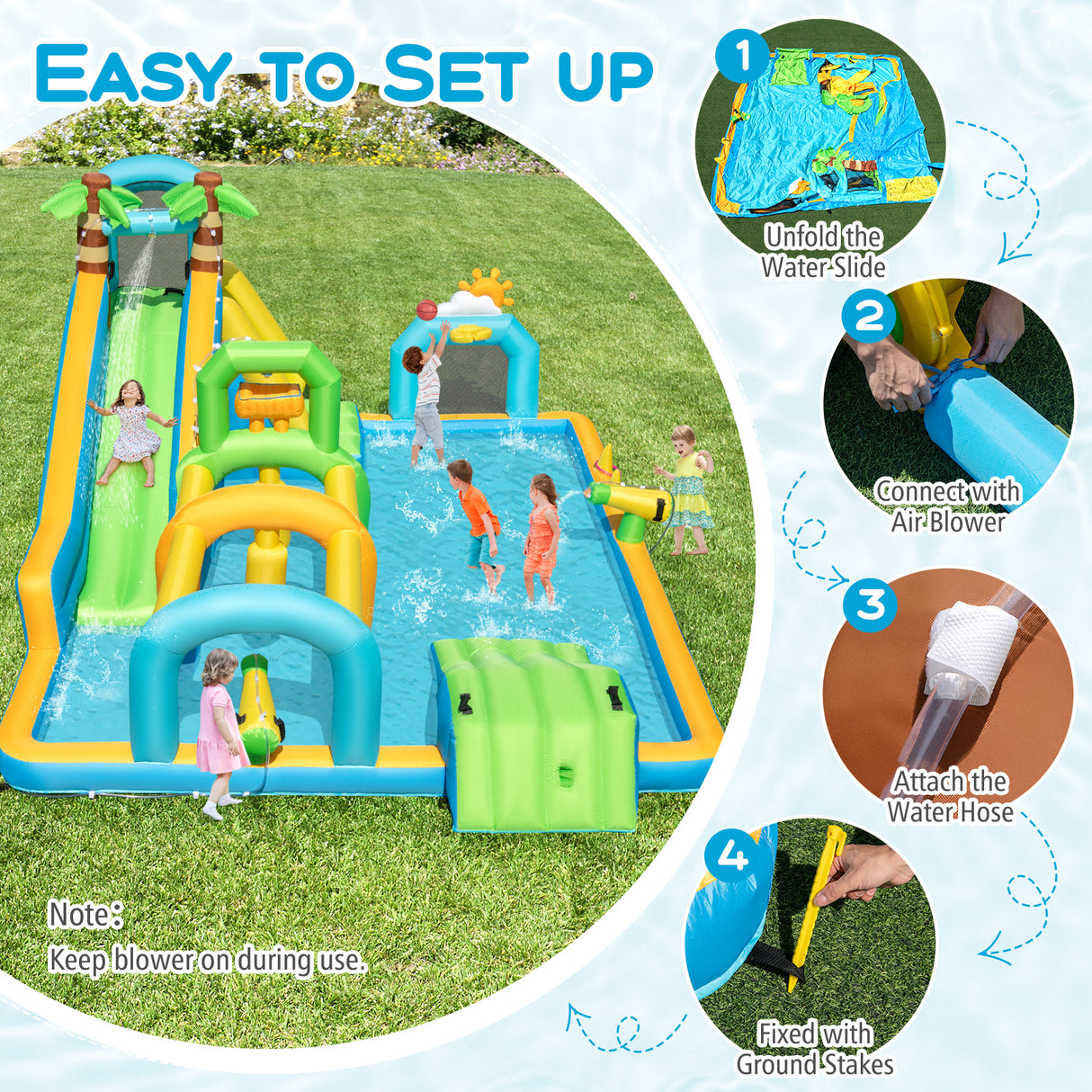 Inflatable Water Slide Tropical Theme Dual Slide Aqua Park with 680W Blower