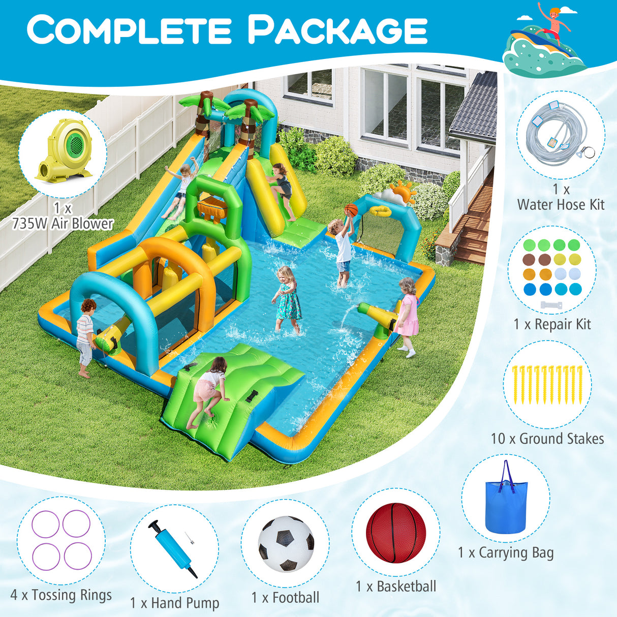 Inflatable Water Slide Tropical Theme Dual Slide Aqua Park with 735W Blower
