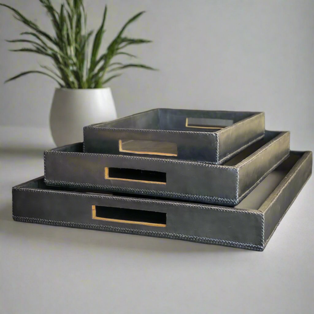 Jefe | Cedar Wood + Leather Rectangle Ottoman Tray Set