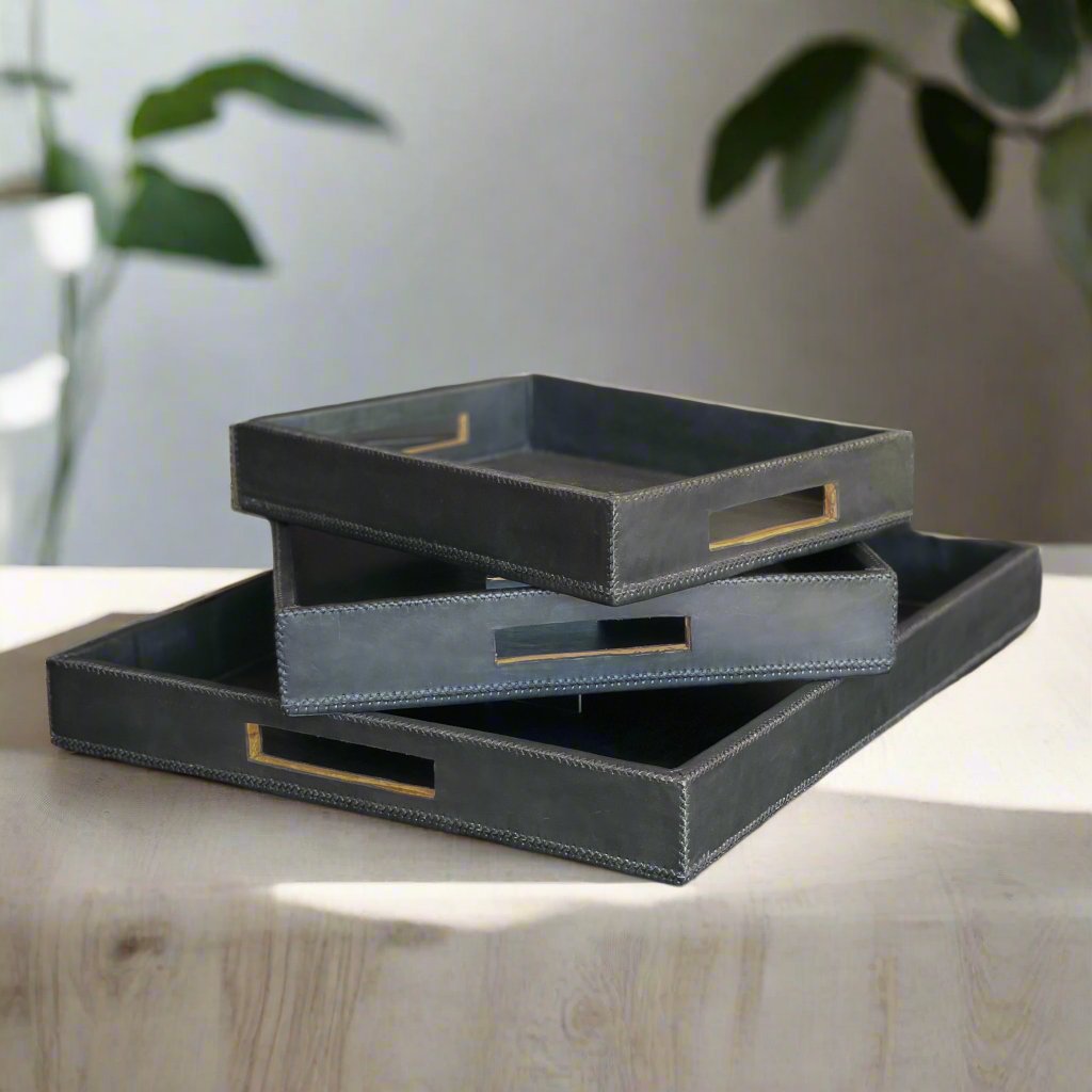 Jefe | Cedar Wood + Leather Rectangle Ottoman Tray Set