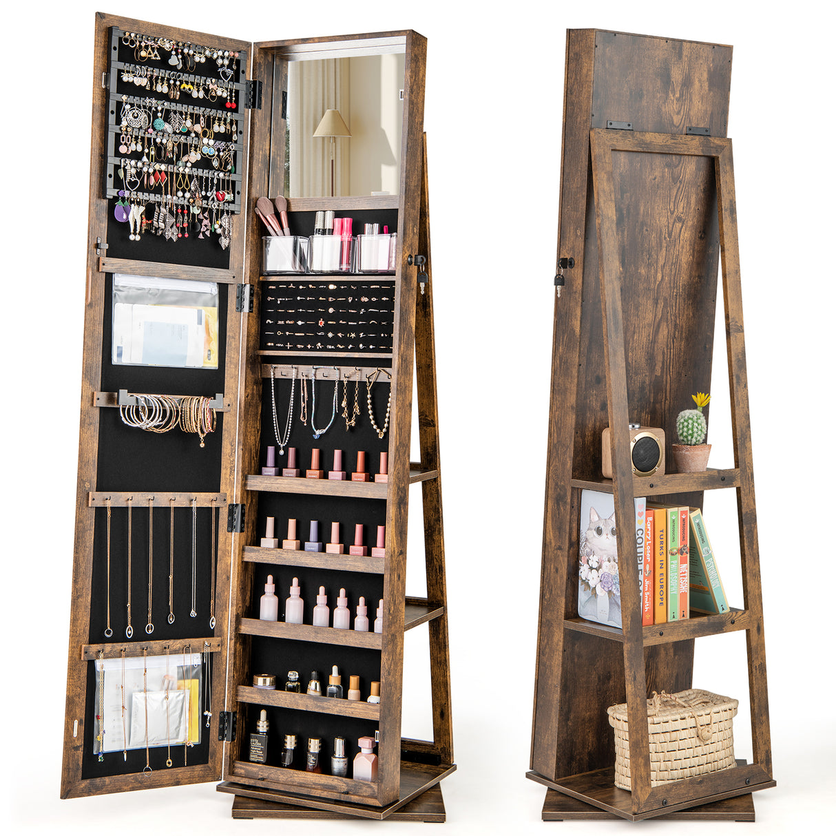 360° Swivel Jewelry Armoire Standing Jewelry Organizer with Full Length Mirror and Back Shelves