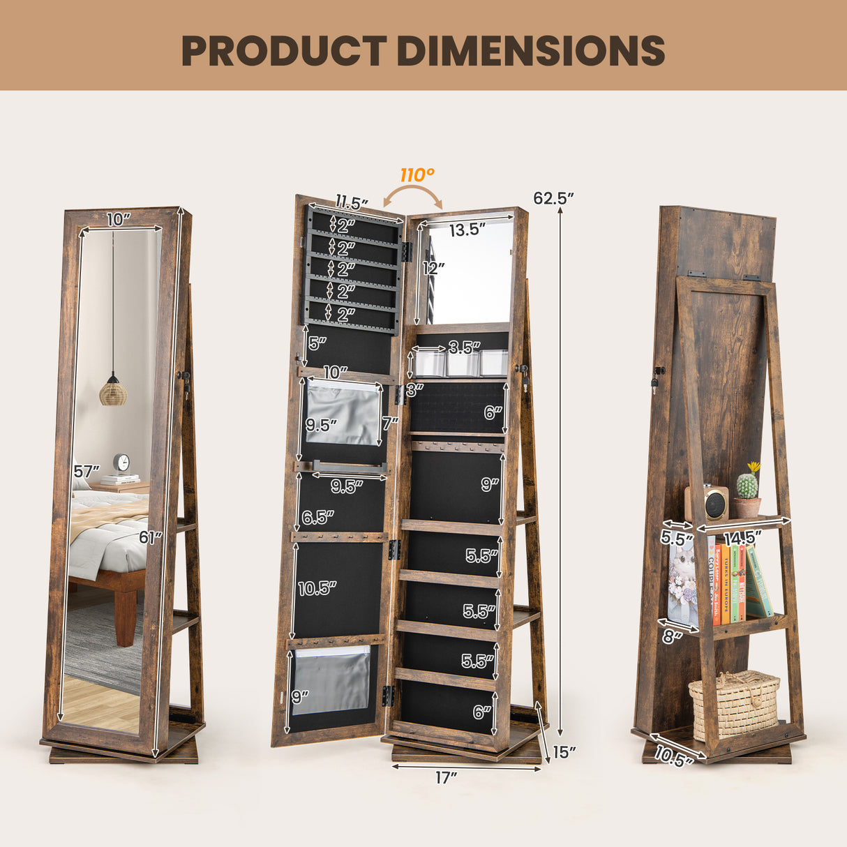 360° Swivel Jewelry Armoire Standing Jewelry Organizer with Full Length Mirror and Back Shelves