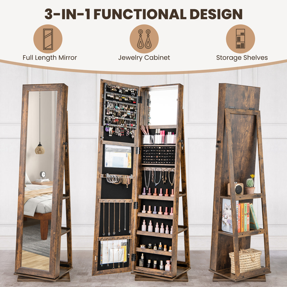 360° Swivel Jewelry Armoire Standing Jewelry Organizer with Full Length Mirror and Back Shelves