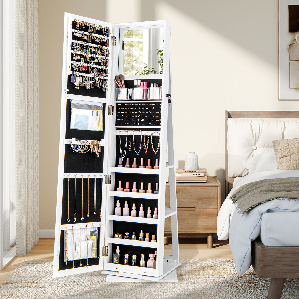 360° Swivel Jewelry Armoire Standing Jewelry Organizer with Full Length Mirror and Back Shelves