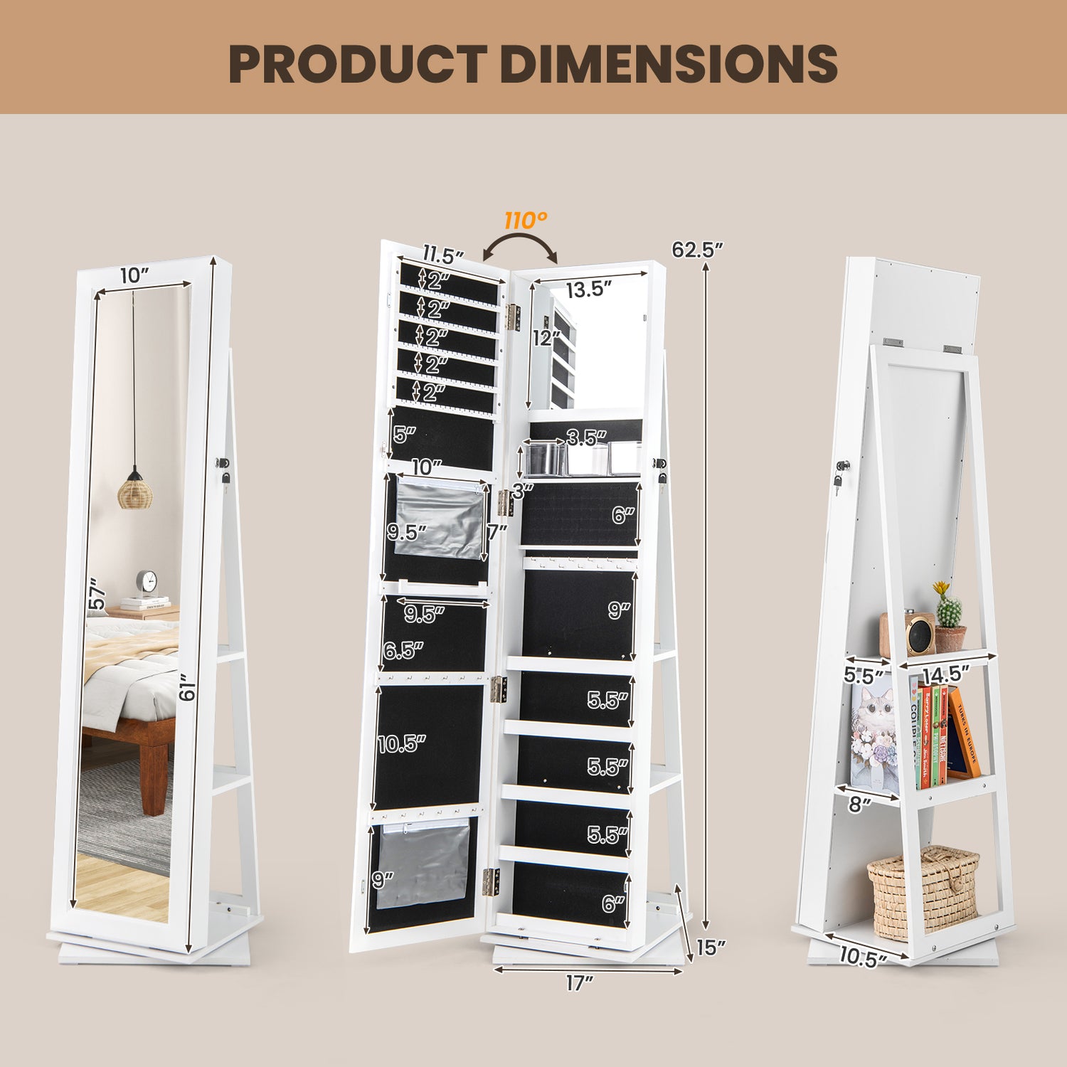 360° Swivel Jewelry Armoire Standing Jewelry Organizer with Full Length Mirror and Back Shelves