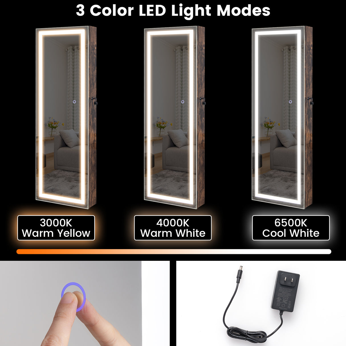 Mirrored Jewelry Armoire with Full Length Mirror and 2 Internal LED Lights
