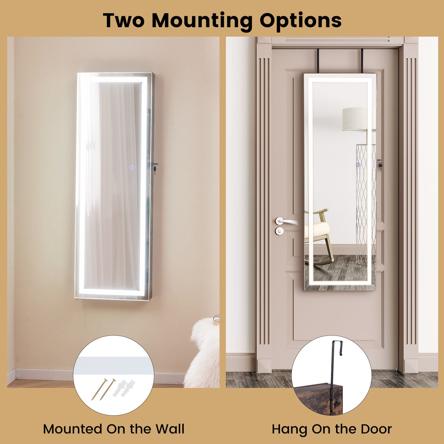 Mirrored Jewelry Armoire with Full Length Mirror and 2 Internal LED Lights