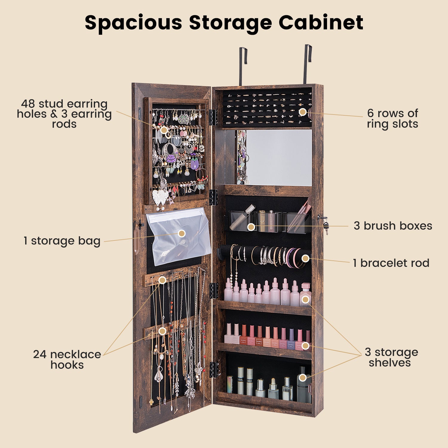 Mirrored Jewelry Armoire with Full Length Mirror and 2 Internal LED Lights