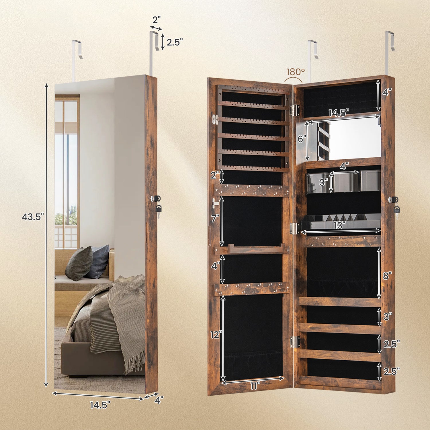 43.5 Inch Jewelry Mirror Cabinet with Full-length Mirror and Adjustable Hangers