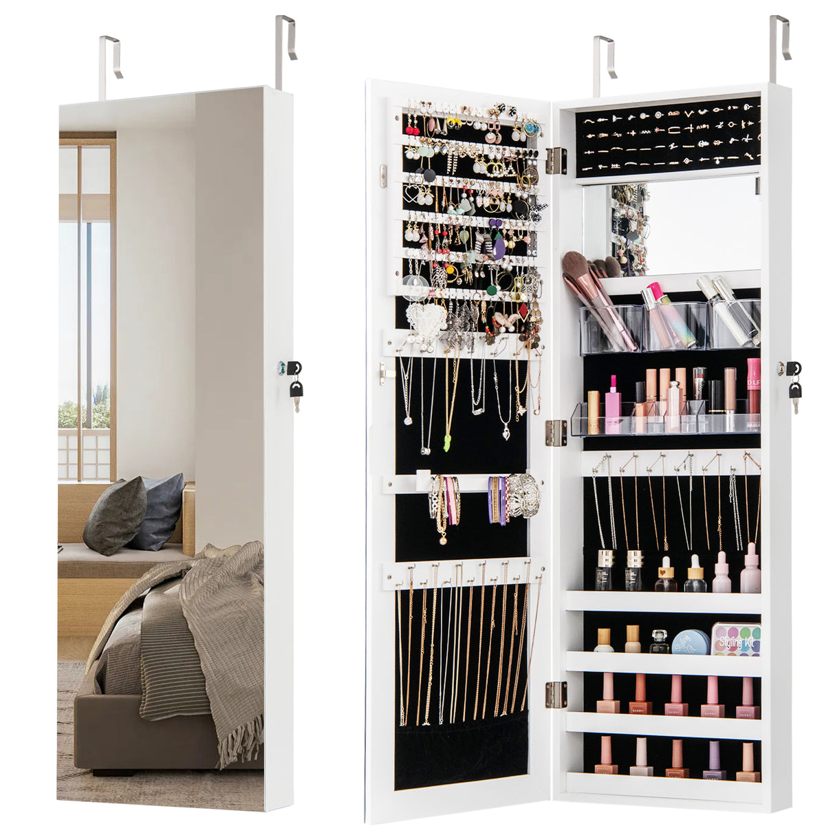 43.5 Inch Jewelry Mirror Cabinet with Full-length Mirror and Adjustable Hangers