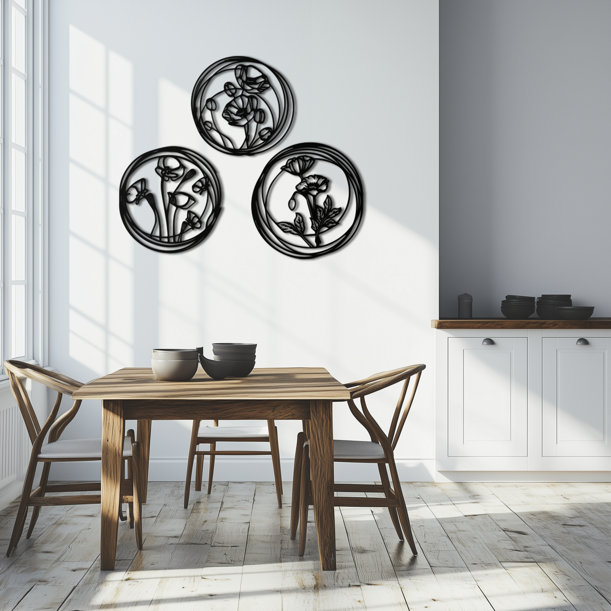Floral Trio Metal Wall Art - Modern Botanical Circle Wall Decor- KAF168