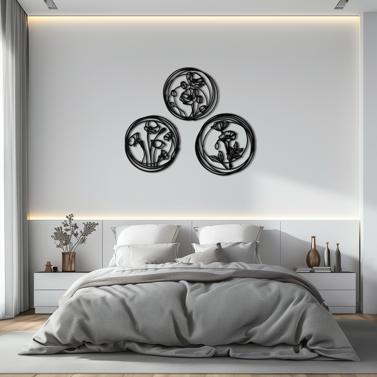 Floral Trio Metal Wall Art - Modern Botanical Circle Wall Decor- KAF168