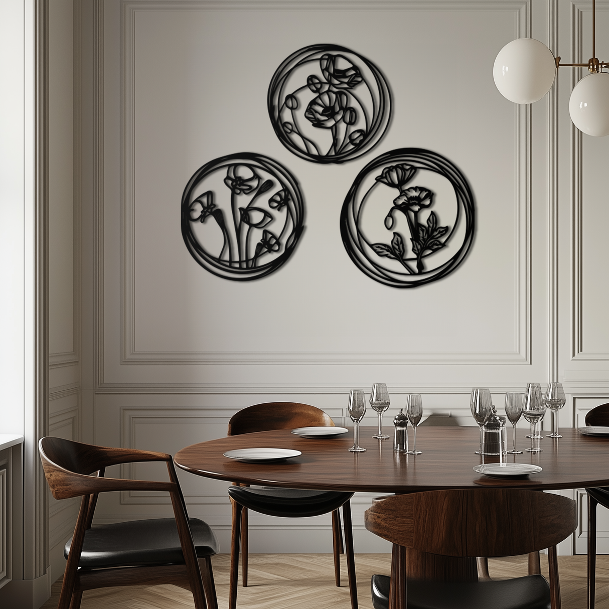 Floral Trio Metal Wall Art - Modern Botanical Circle Wall Decor- KAF168