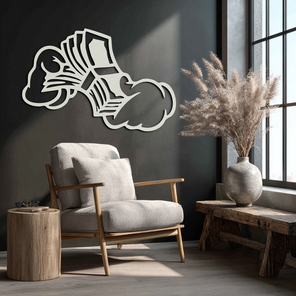 Fist Holding Money Stack Metal Wall Art – Bold Dollar Bill Hand Silhouette for Modern Spaces- KAF579