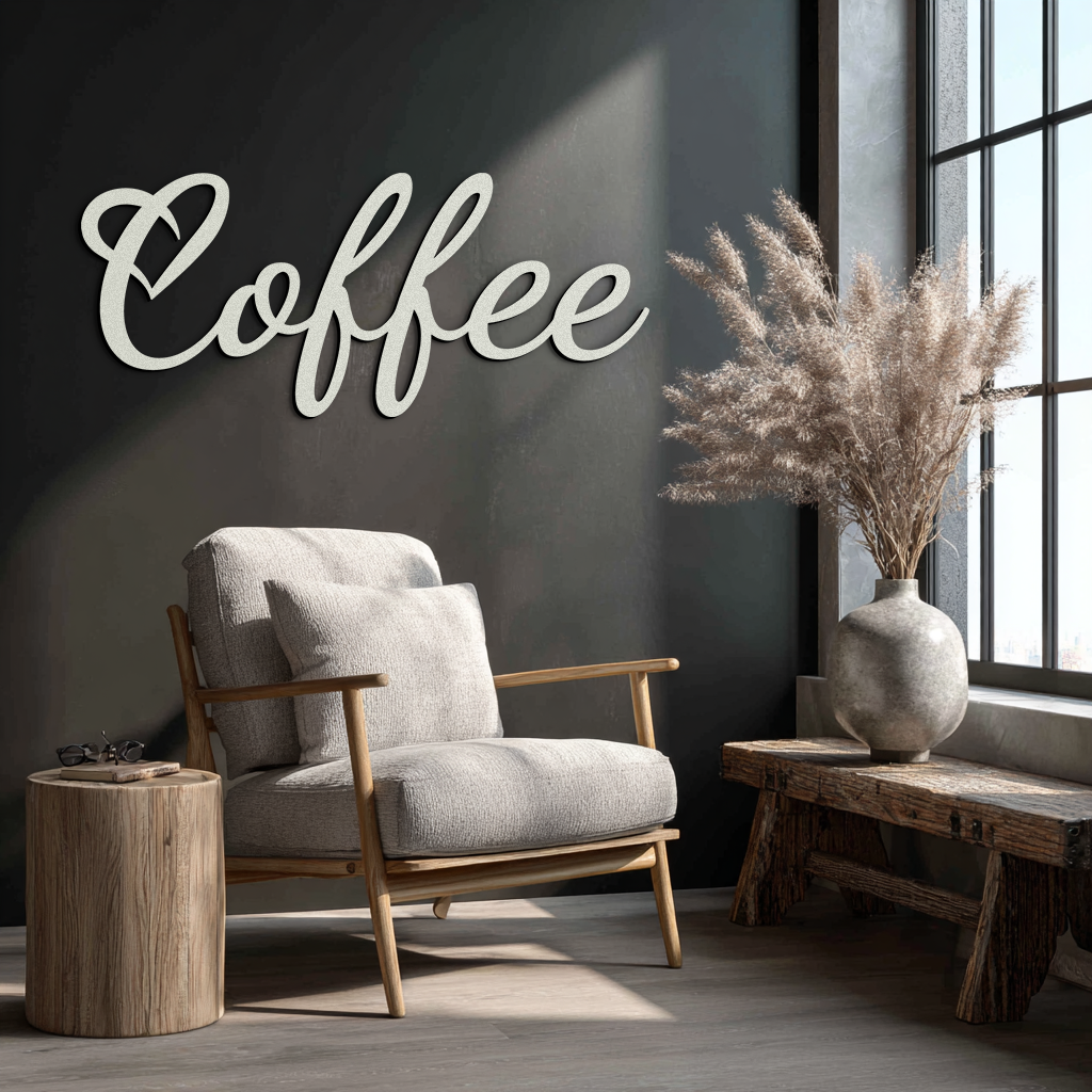 Coffee Script Metal Wall Art – Heart Shaped Lettering Coffee Sign for Kitchen Decor- KAF600