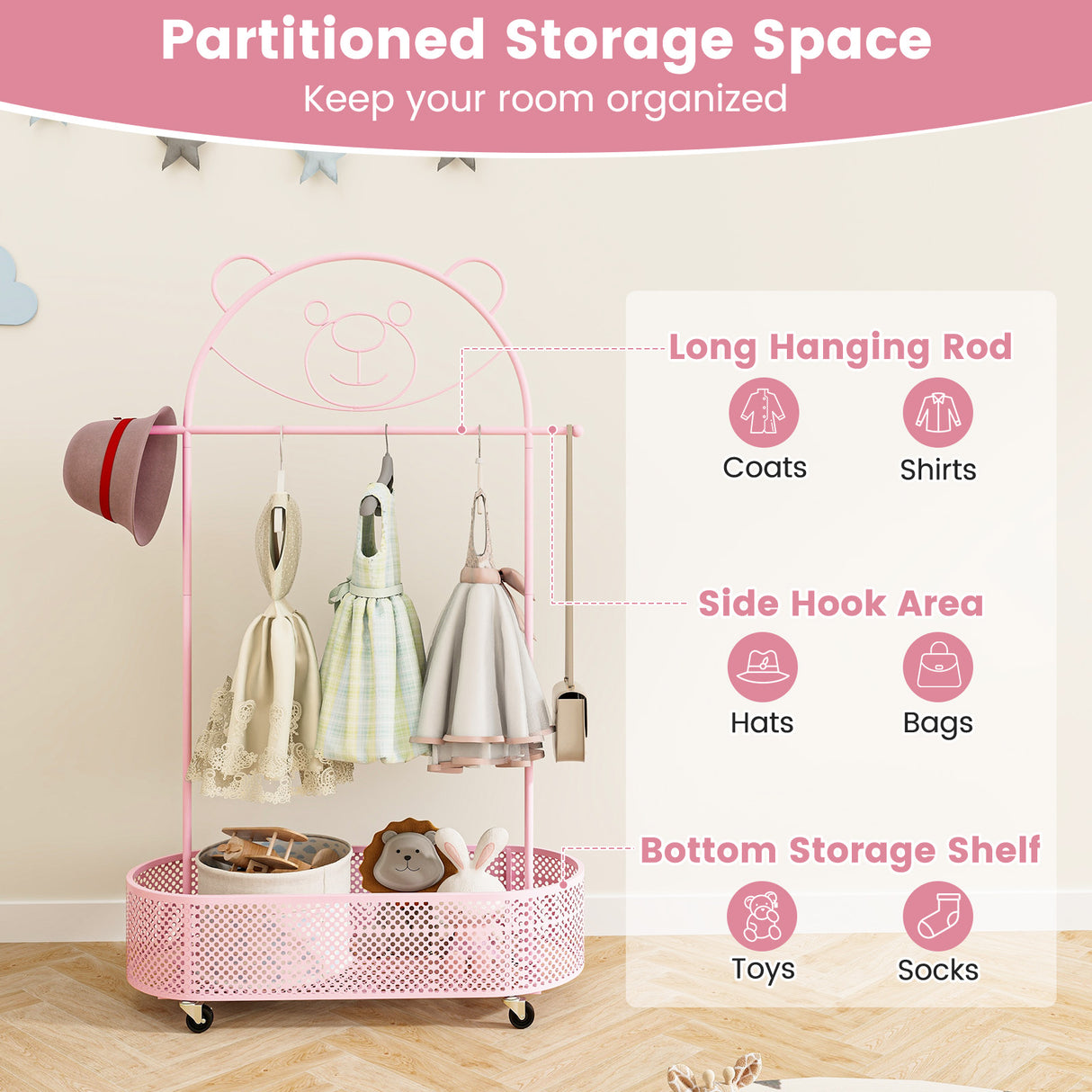 Kid Clothes Rack with 3 Adjustable Heights and Wheels