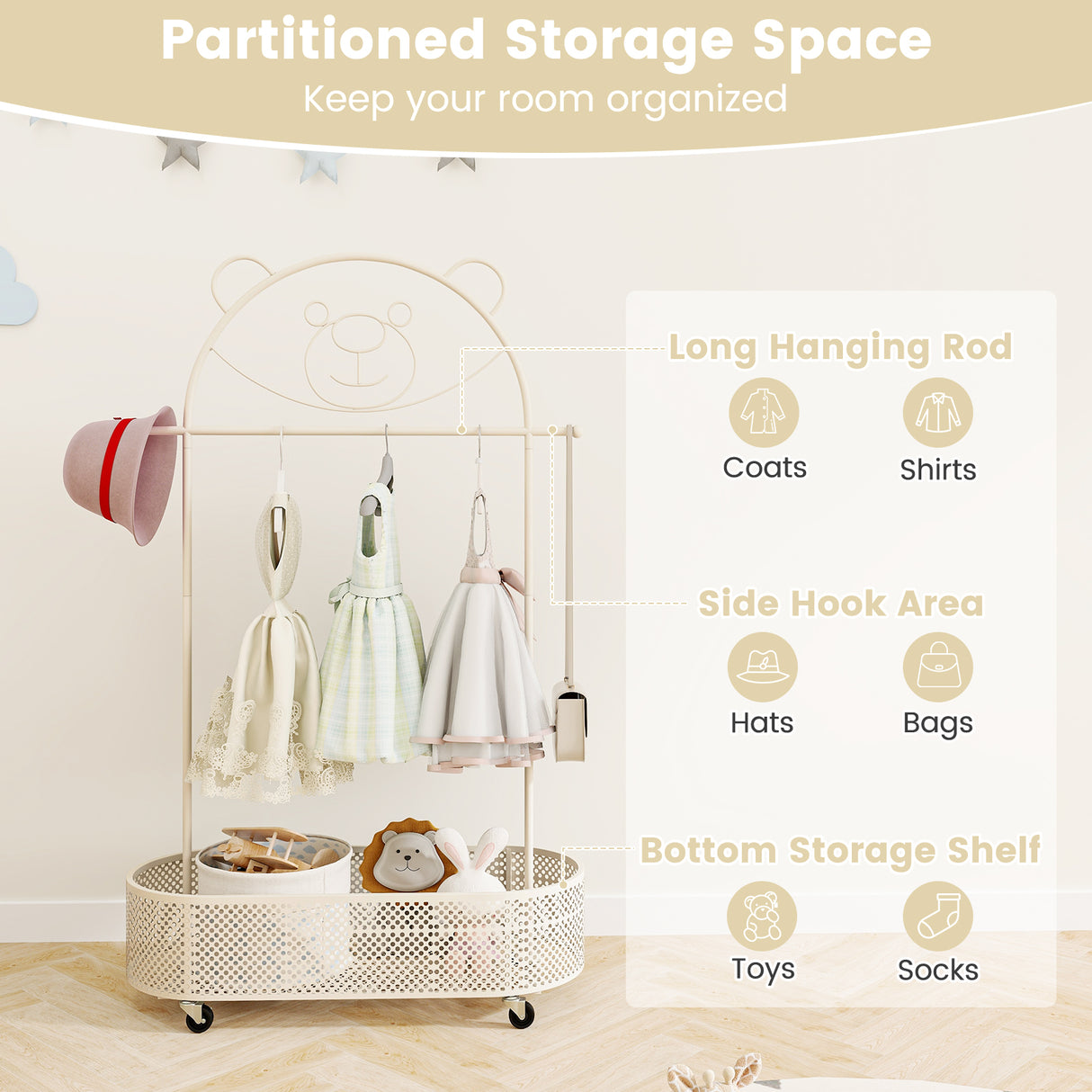 Kid Clothes Rack with 3 Adjustable Heights and Wheels