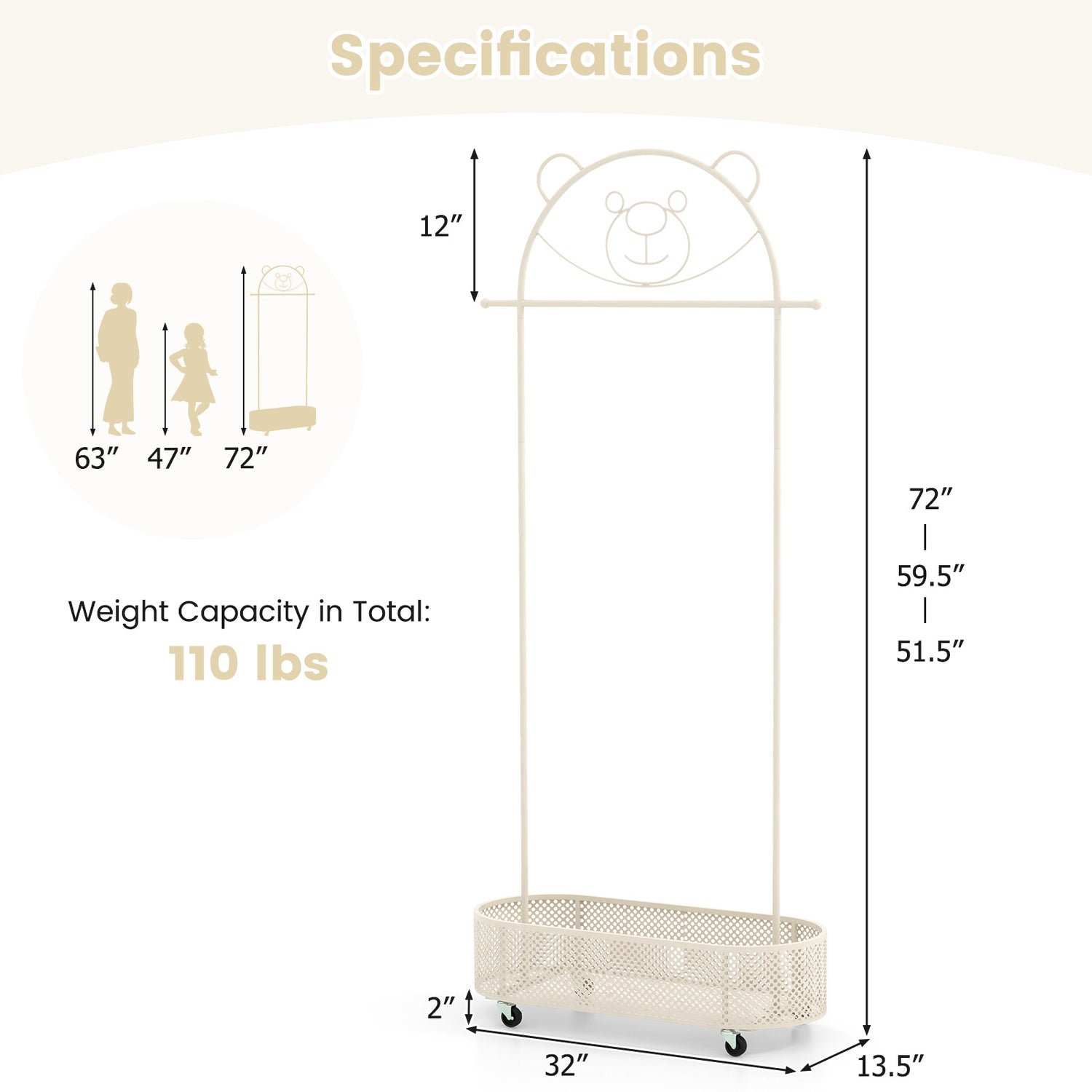 Kid Clothes Rack with 3 Adjustable Heights and Wheels