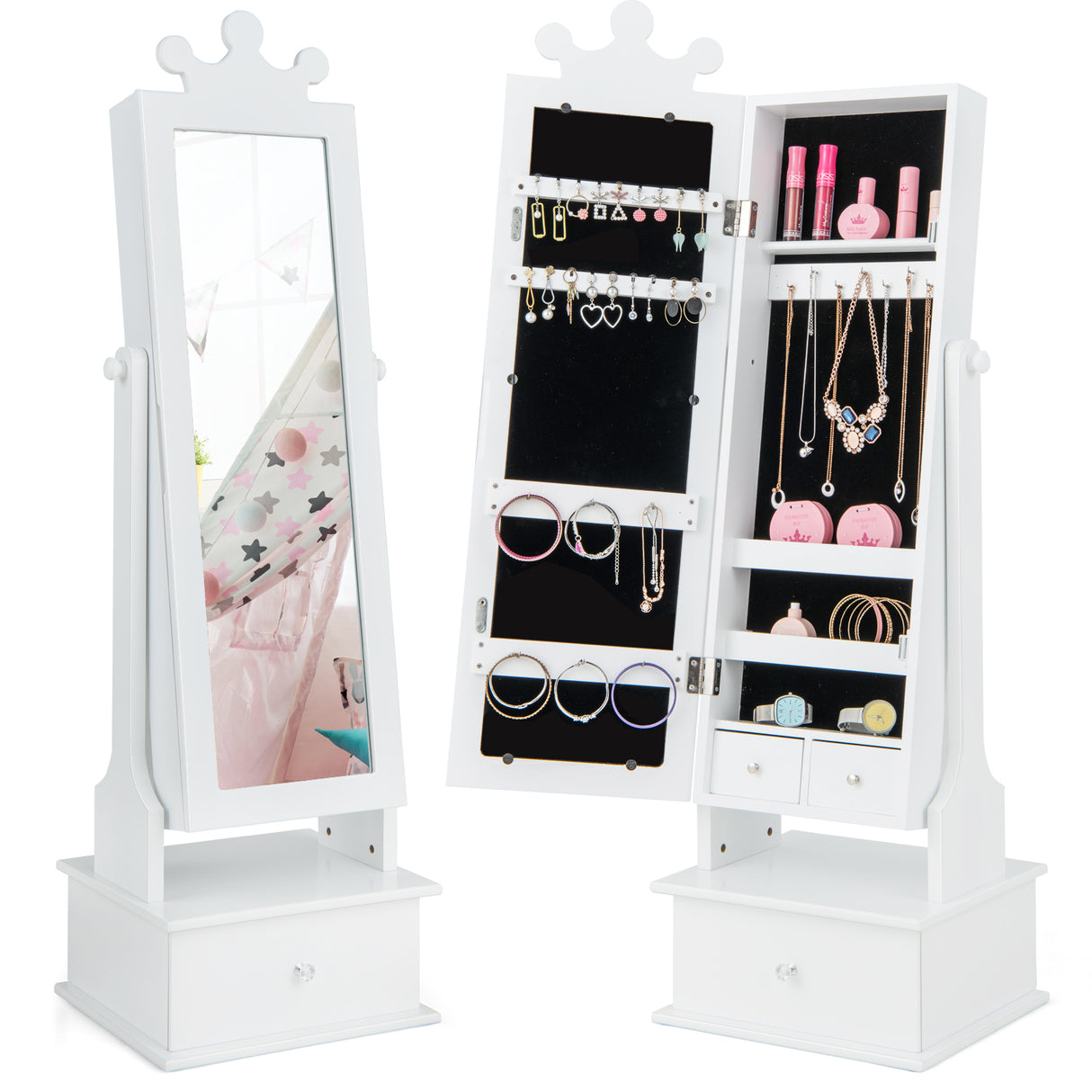 2-in-1 Kids Play Jewelry Armoire with Full Length Mirror and Drawers