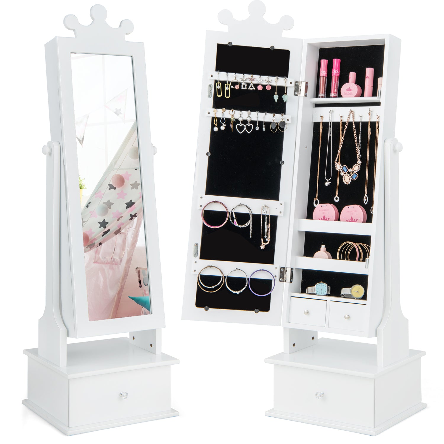 2-in-1 Kids Play Jewelry Armoire with Full Length Mirror and Drawers