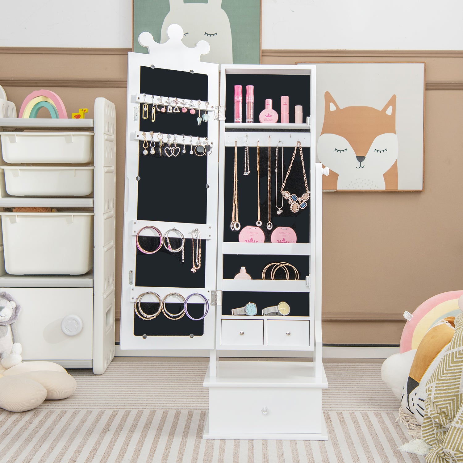 2-in-1 Kids Play Jewelry Armoire with Full Length Mirror and Drawers