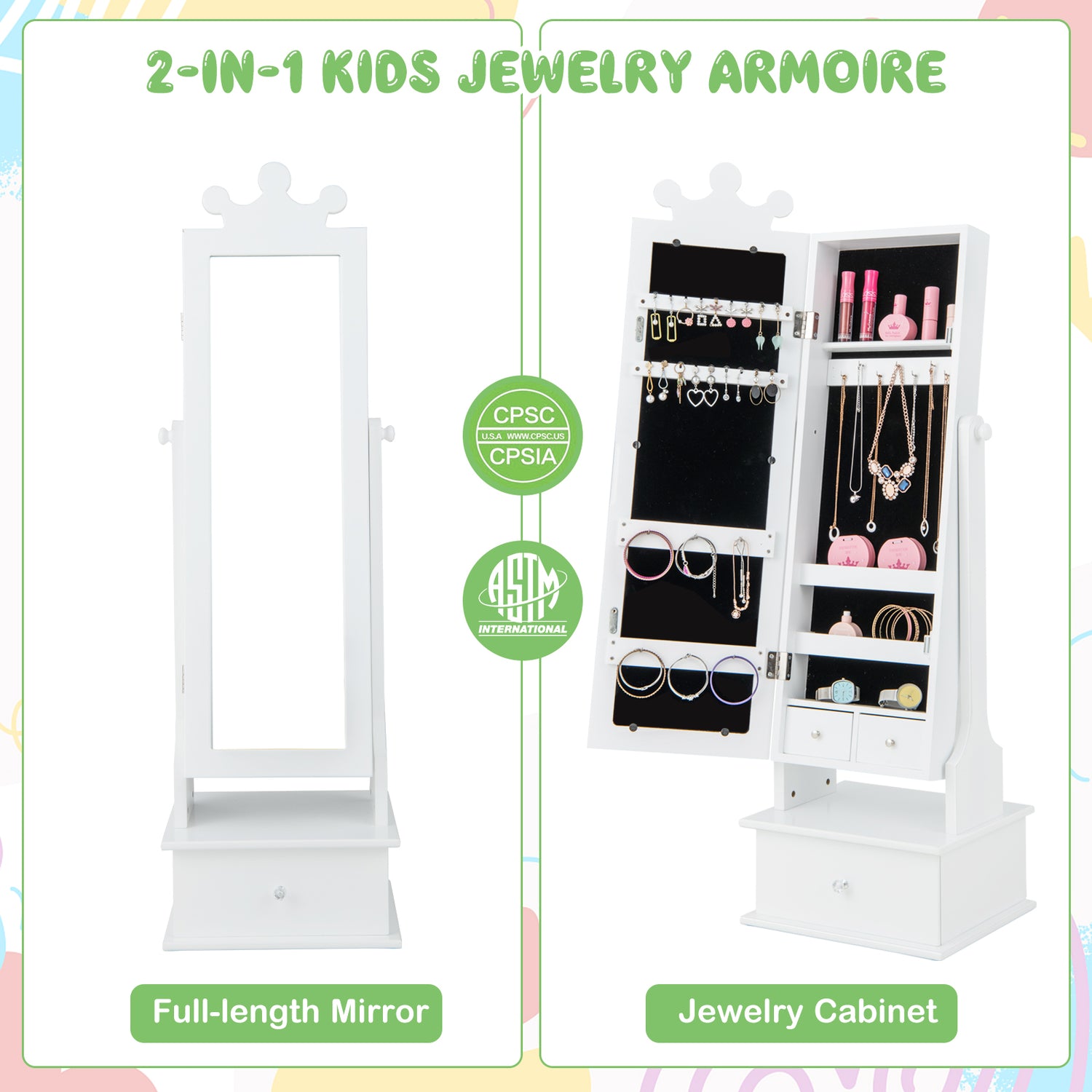 2-in-1 Kids Play Jewelry Armoire with Full Length Mirror and Drawers