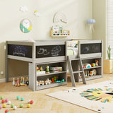 Kid Twin Size Low Loft Bed with Chalkboard Ramp Ladder and Bookcases