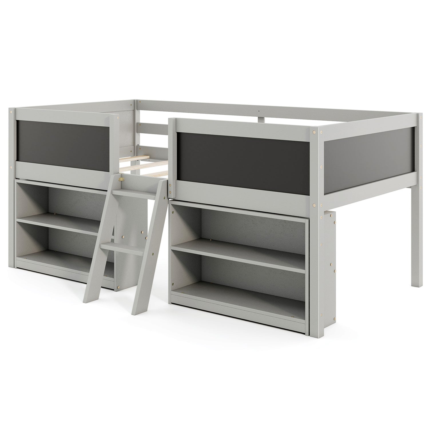 Kid Twin Size Low Loft Bed with Chalkboard Ramp Ladder and Bookcases