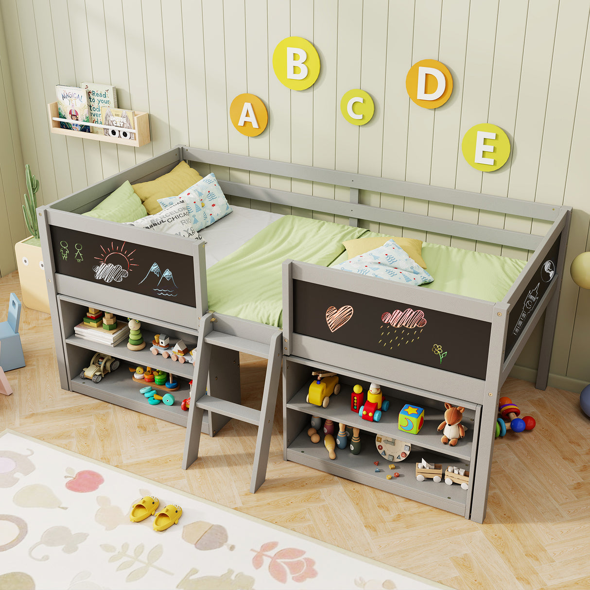 Kid Twin Size Low Loft Bed with Chalkboard Ramp Ladder and Bookcases