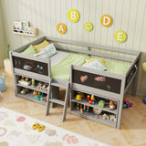 Kid Twin Size Low Loft Bed with Chalkboard Ramp Ladder and Bookcases