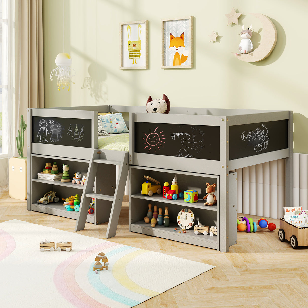 Kid Twin Size Low Loft Bed with Chalkboard Ramp Ladder and Bookcases